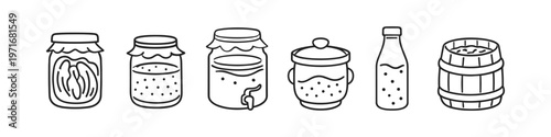 Collection of hand-drawn containers for preserving food and drinks