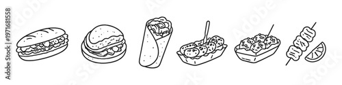Collection of hand-drawn street food illustrations including sandwiches, wraps, and skewers