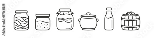 Collection of line art icons representing preserved food and drinks in jars, pots, and barrels