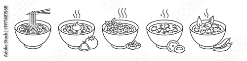 Collection of five steaming bowls of soup and noodles with ingredients
