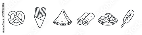 Collection of popular street food icons including pretzel, churros, crepe, spring rolls, dumplings, and corn dog
