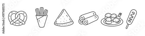 Collection of popular street food icons including pretzel, churros, crepe, spring rolls, and corn dog