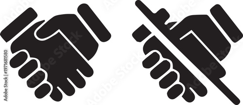 handshake icon set – flat vector agreement and no deal symbols in solid black for business partnership, negotiation and contract design