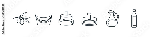 Olive oil production process icons: olives, press, and bottling