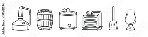Collection of line art icons representing distillation and brewing equipment