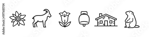 Collection of iconic Swiss alpine symbols in a simple line art style
