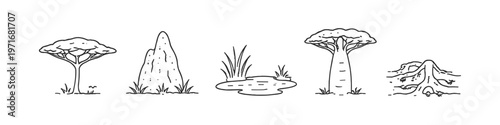 Collection of African savanna elements in a simple line drawing style