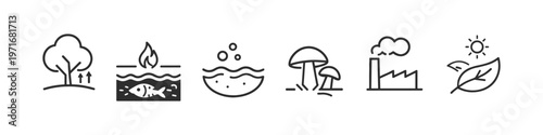 Set of icons representing environmental concepts like nature, pollution, and sustainability