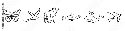 Collection of diverse animal icons in a simple line art style