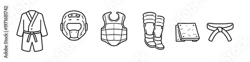 Collection of martial arts equipment and protective gear for combat sports