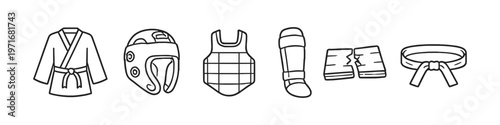 Collection of martial arts equipment and protective gear for combat sports