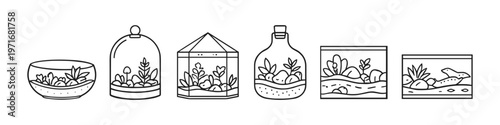 Collection of various terrarium and aquarium designs in a minimalist line art style