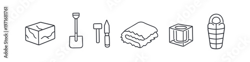 Collection of survival and camping gear icons for outdoor adventures and emergency preparedness