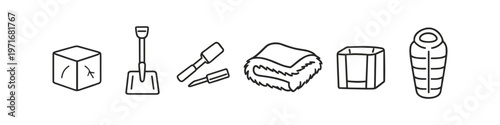 Winter survival gear icons including ice, shovel, tools, blanket, and sleeping bag