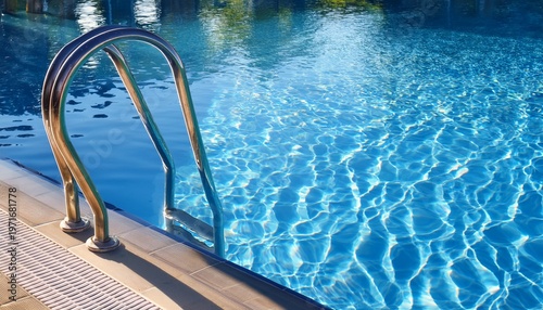 beautiful swimming pool with blue water and silver handrail sunlight reflection on the surface of the sparkling water closeup