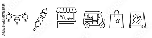 Collection of icons representing street food, shopping, and transportation