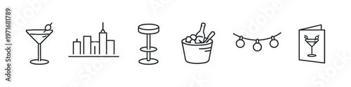 Collection of line art icons representing bar and city nightlife elements