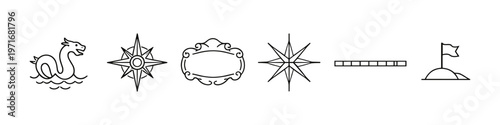 Collection of nautical and adventure icons including a sea monster, compass roses, and a flag on an island