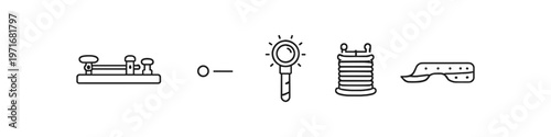 Vintage communication icons: telegraph key, Morse code, signal lamp, spool, and goggles