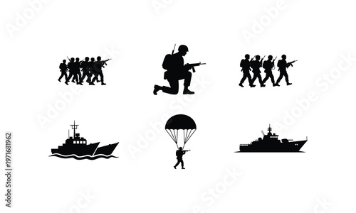 Silhouettes of military operations and naval vessels in action