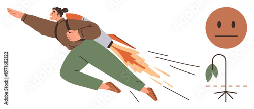 Career aspiration, environmental challenges, motivation, personal growth, sustainability, mental state. Person with rocket backpack flying upward. Career aspiration and personal growth concept