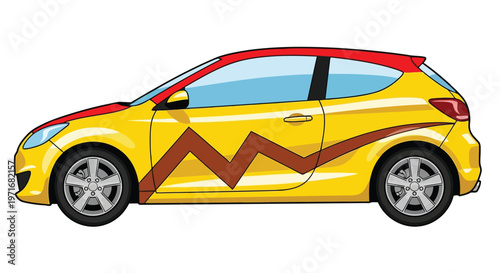 A vibrant yellow compact car with bold red lightning bolt design on its side.