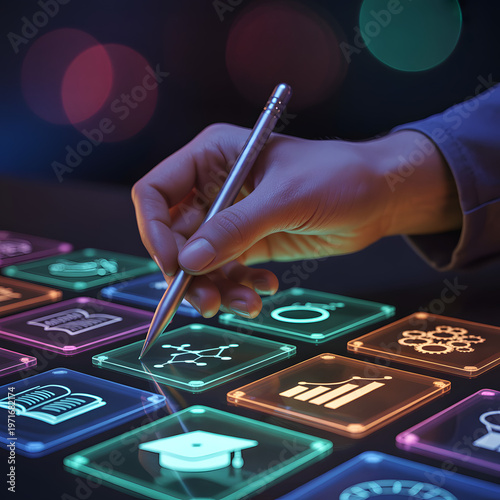 Hand writing with digital interface overlays on smart card, payment technology and connected fintech data visualization concept