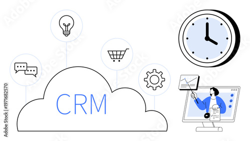CRM concept. CRM tools for communication, shopping, and customer engagement. CRM enhancing business operations, productivity, and user experience. For business, marketing customer support analysis
