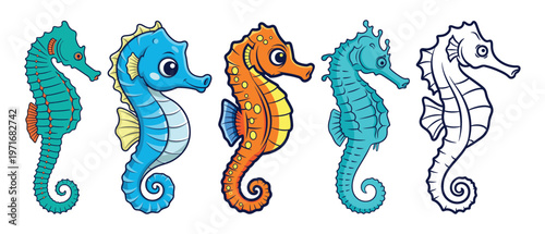 Set of five cute seahorse characters in cartoon style, isolated on white background.
