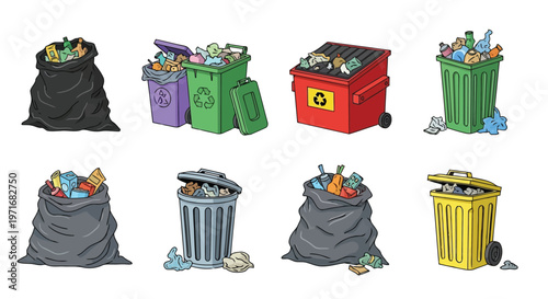 Illustration of various types of garbage bins filled with different waste materials