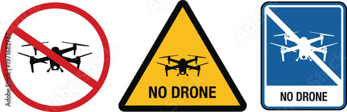 Photos No Drone Signs in Red Circle Yellow Triangle and Blue Rectangle