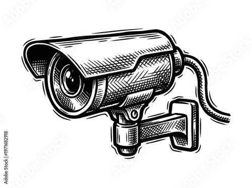 Vintage Bullet Security Camera Surveillance Equipment Engraving Illustration Black and White Line Art