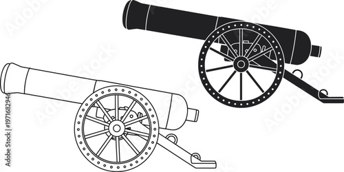 Vintage Cannon Outline and Silhouette artillery historical