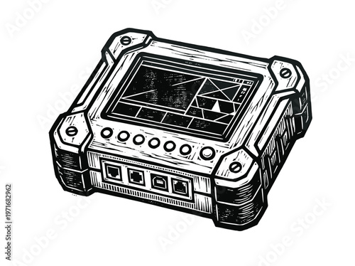Vintage Handheld CCTV Tester Security Equipment Engraving Illustration Black and White Line Art