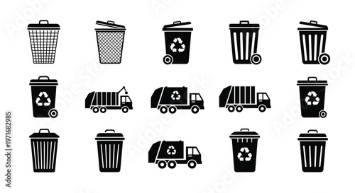 Various waste disposal and recycling icons featuring bins, trucks, and symbols