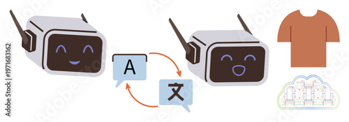 Language learning, AI communication, multilingual services, education tools, global conversation, technology. Two robots with speech bubbles and arrows. Language learning and AI communication