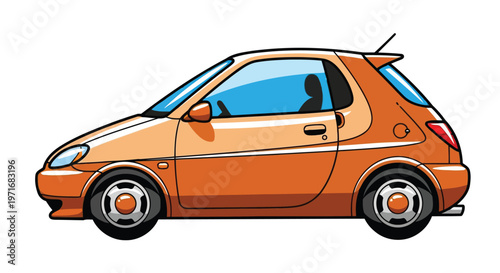 A stylized illustration of a small orange convertible car with a blue soft top