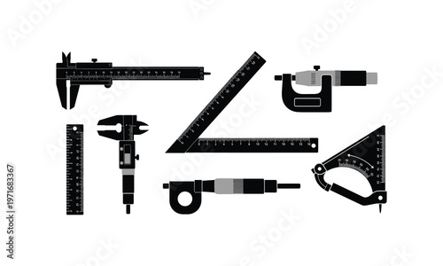 Assorted precision measuring and drafting tools in black and white illustration