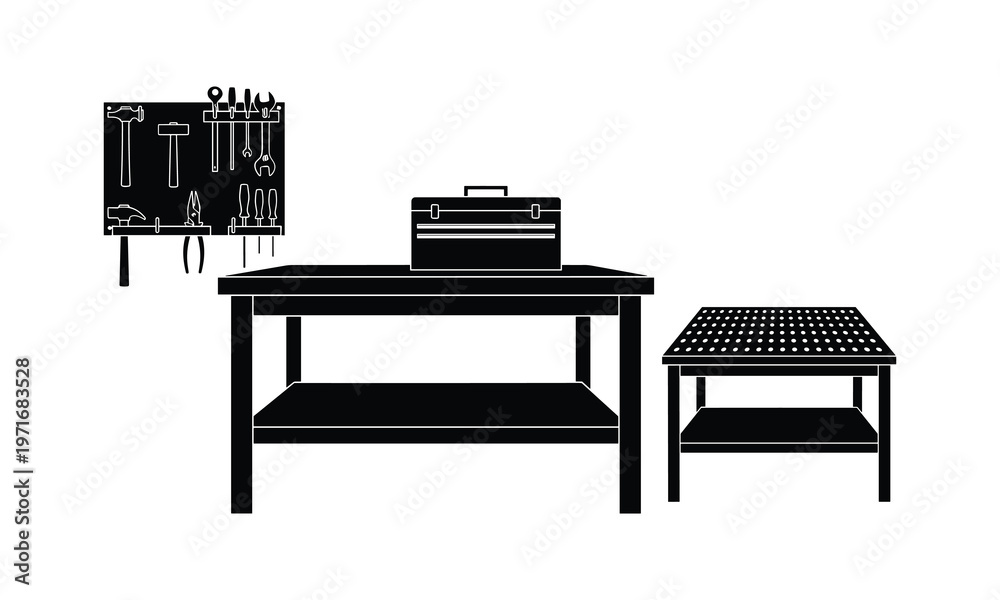 Fototapeta premium Classic workshop table setup with tools and toolbox