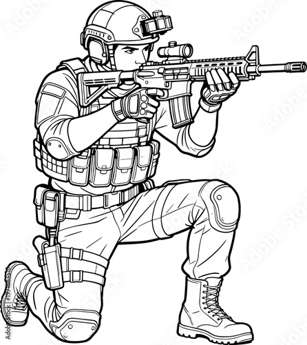 soldier  line vector illustration isolated on white background