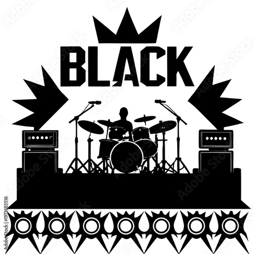 A black silhouette of a drummer on stage with amplifiers on transparent background