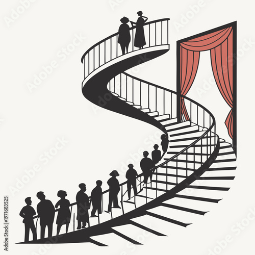 A minimalist illustration of people waiting in line on a spiral staircase leading to a red curtain on transparent background