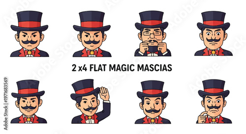 Cartoon magician faces set with various expressions and hats