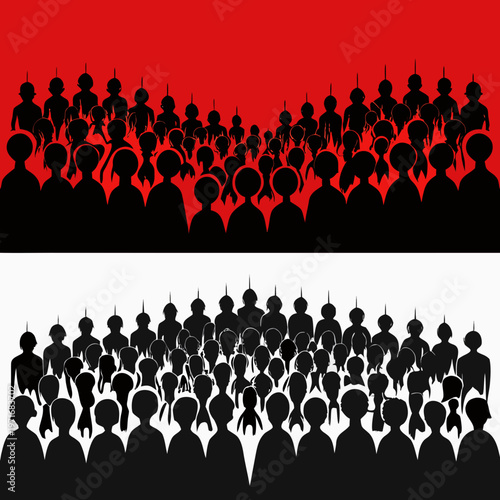 A vector graphic illustration of a crowd of people in silhouette on a red and white background on transparent background