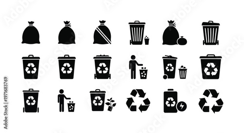Collection of various recycling and waste disposal icons in black and white
