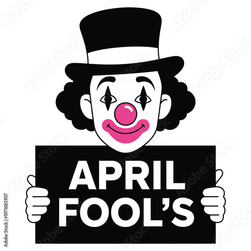 Vintage style clown illustration holding a sign reading 'april fool's' a playful and classic design