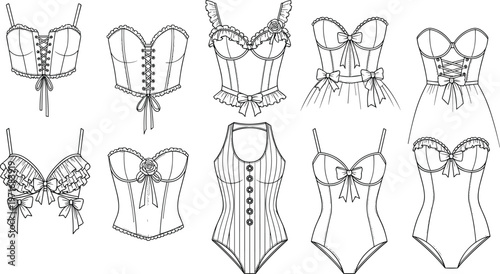 Technical Fashion Sketch Collection of Women Lingerie Featuring Various Corset Tops Bodysuits and Bustiers for Apparel Design and Garment Templates