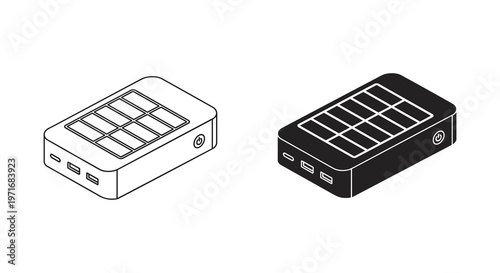 Solar panel, solar charger, power bank icons, vector battery chargers
