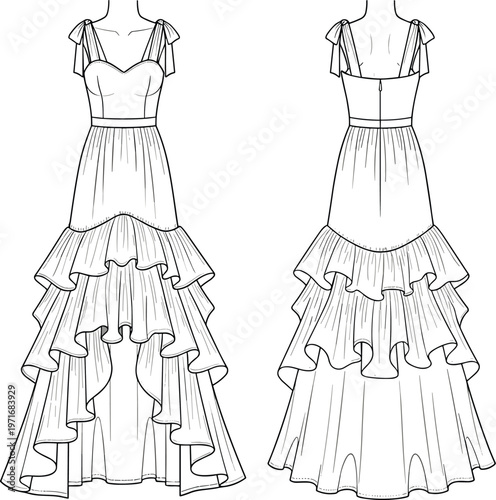 Technical Fashion Sketch of Sleeveless High-Low Tiered Ruffle Maxi Dress with Sweetheart Neckline and Shoulder Bows for Design Templates