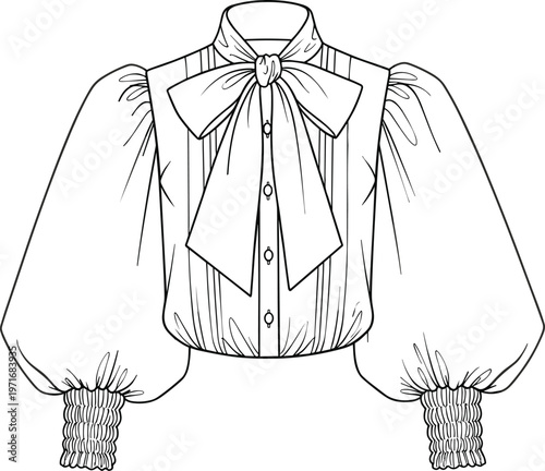 Technical Fashion Sketch of Women Long Sleeve Blouse Featuring High Neck Pussy Bow and Smocked Bishop Sleeves for Design Templates